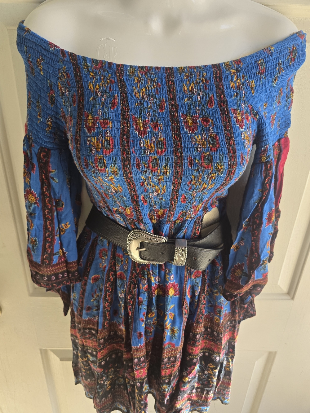 Angie Blue Floral Smocked Off-Shoulder Long Sleeve Dress
